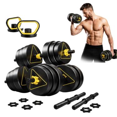 Imagem de Kit Halteres 6 Em 1 Peso Musculação Até 20kg Ajustável Preto Cor:amarelo-preto