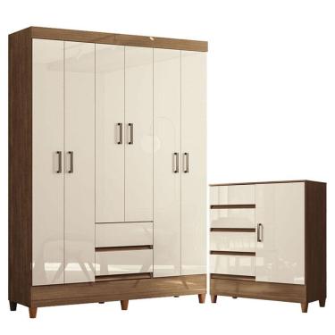 Imagem de Guarda Roupa Casal 6 Portas Com Pés Fit E Cômoda 1 Porta E 4 Gavetas Fit Jequitibá Off White Acetinado - Santos Andirá