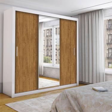 Imagem de Guarda Roupa Casal Isabela 3 Portas de Correr 4 Gavetas com Espelho Branco com Freijó Carioca Moveis