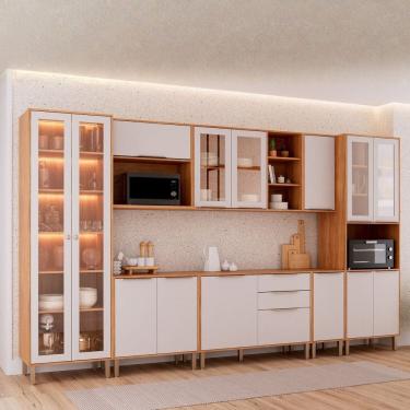Imagem de Cozinha Modulada 8 Peças Brilhante com 1 Cristaleira 3 Balcões 3 Armários Aéreo e 1 Torre Cinamomo