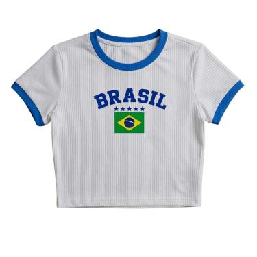 Imagem de Camiseta Feminina Brasil Estampada Ribana Bandeira Cropped Copa-Feminino