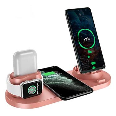Imagem de Jueshanzj 10W Carregador sem fio,6 em 1rápido carregador sem fio suporte,para Apple Watch Series,AirPods,suporte de carregador rápido compatível com iPhone 13/12/11/XS MAX/XR/XS/8 Plus/Samsung - Rosa