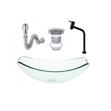 Imagem de CUBA DE VIDRO OVAL CHANFRADA 46CM JATEADO + VALVULA + TORNEIRA METAL PRETA + SIFAO