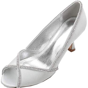 Imagem de Vestido feminino Peep Toe strass salto gatinha sapatos de noiva slip on pump festa noite, Prata, 6