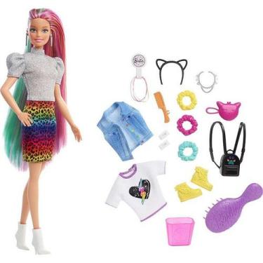 Imagem de Conjunto Boneca Barbie Cabelo Colorido E Raspado Muda De Cor Com Acess