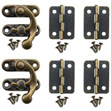 Imagem de MTQY Dobradiças de caixa pequena 2 conjuntos de bronze antigo gancho de trava direita ferrolho com dobradiças e parafusos para caixa de joias de madeira presente gancho de trava de trava de trava