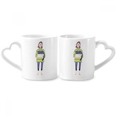 Imagem de Miaoji Pintura Gato Meganekko Menina Casal Porcelana Conjunto de Canecas Cerâmica Amante Copo Coração Alça