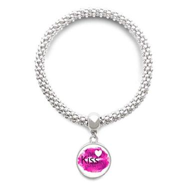 Imagem de Pulseira Kiss Love para Dia dos Namorados Rosa Lábios Prata Pingente Joia Corrente Ajustável