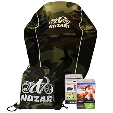 Imagem de Capa de motocicleta respirável com elástico na parte inferior. Poliéster premium resistente ao ar livre à prova d'água para todas as estações com película macia protegida. Tecido universal resistente ao calor, travável (camuflagem, médio)