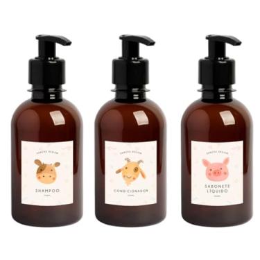 Imagem de Kit Frascos Banho Kids Âmbar 200ml Plástico Shampoo Condicionador Sabonete Líquido Banheiro Nicho (Flowers)