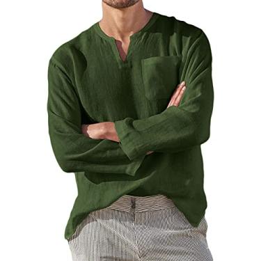Imagem de Camisetas masculinas masculinas de algodão e linho Henley manga longa hippie casual praia camisetas florais manga longa, Verde, M