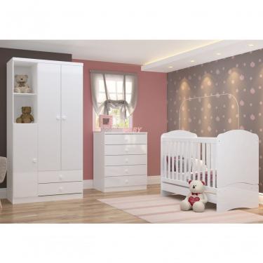 Imagem de Quarto Infantil com Guarda Roupa 3 Portas Cômoda e Berço Faz de Conta Siena Móveis Flex Color Branco/branco/rosa