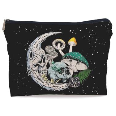 Imagem de Lacosu Bolsa de maquiagem de cogumelos coloridos com caveira gótica e lua, bolsa de maquiagem de esqueleto de caveira de Halloween para mulheres e meninas, presentes para amantes góticos,