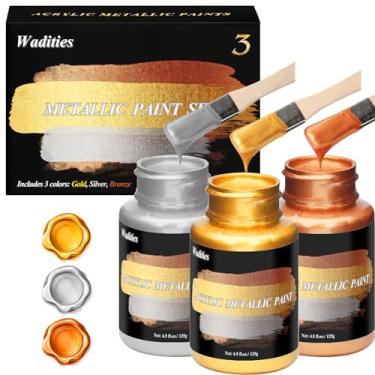 Imagem de Wadities Tinta acrílica metálica, ouro 375 g, prata e bronze, tinta de folha de ouro para pintura de arte, ideal para tela, madeira, argila, tecido, cerâmica, pedra, suprimentos de artesanato de vidro