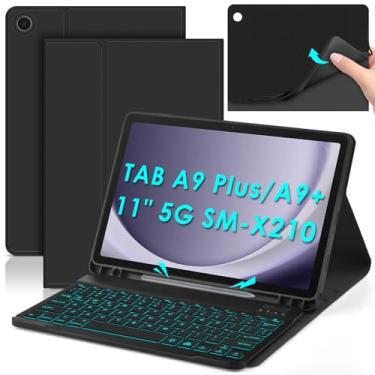Imagem de DETUOSI Capa com teclado retroiluminado para tablet Android Samsung Galaxy Tab A9 Plus/A9+ 5G 11 polegadas (SM-X210) 2023 com suporte para caneta S | Capa traseira de TPU macio | Fecho magnético |