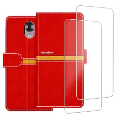 Imagem de ESACMOT Capa de telefone compatível com Elephone P8 + [2 unidades] película protetora de tela de vidro, capa protetora magnética de couro premium para Elephone P8 (5,8 polegadas) vermelha