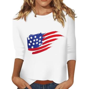Imagem de Camiseta feminina 4 de julho manga 3/4 Patriótica Dia da Independência Gráfica Bandeira Americana Star Stripe Túnica Blusa, Branco, 4G
