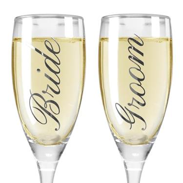 Imagem de Óculos de champanhe Bride and Groom – Conjunto de 2 elegantes flautas de torragem – Conjunto de vidro de champanhe de casamento prata – Óculos de casamento