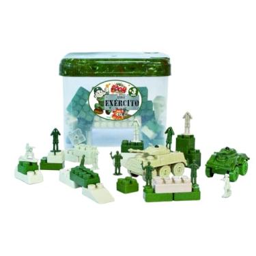 Imagem de Banco Baú Blocos Militar Com Peças Educativas de Montar Soldados Carrinho Tanque Baquinho