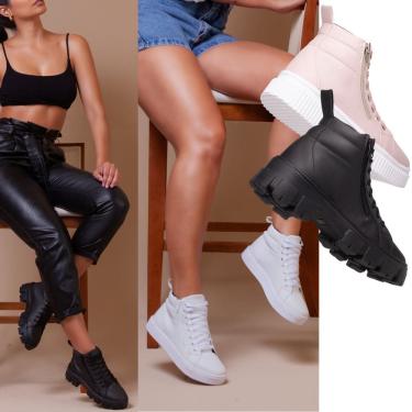 Imagem de Kit Tênis Feminino De Cano Longo Rosa  + Coturno Feminino Tratorado Preto Para Um Estilo Robusto.