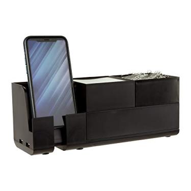 Imagem de Bostitch Office Organizador de mesa e estação de carregamento Konnect, 2 portas USB e 2 tomadas, carrega telefones e tablets, bandeja de acessórios, design de 4 peças, preto