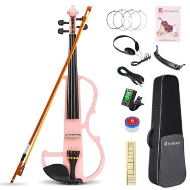 Imagem de Vangoa Conjunto de violino elétrico 4/4 tamanho completo para adolescentes iniciantes e adultos, madeira de bordo metálica, eletrônica, com acessórios de ébano, rosa
