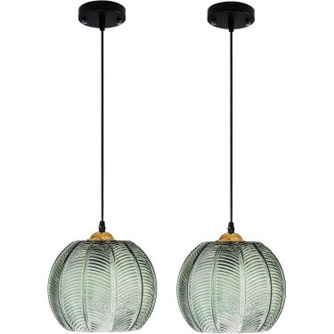 Imagem de 2 pacotes de luminárias pendentes de vidro modernas, luminárias verdes, luminária pendente de teto, luminária pendente ajustável de 59 polegadas para cozinha, ilha, sala de jantar, quarto, v