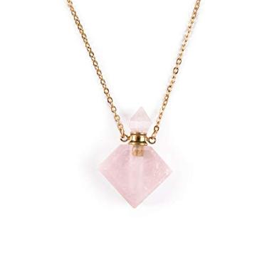 Imagem de YGLINE Colar de cristal de cura de quartzo rosa com pedras preciosas naturais, colar com pingente de frasco de perfume para mulheres e mulheres