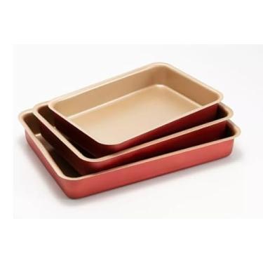 Imagem de Conjunto de Assadeiras Cereja Antiaderente Bege Retangular Alta com Aba Nº 1 a 3 (Bolos e Alimentos Não Grudam)