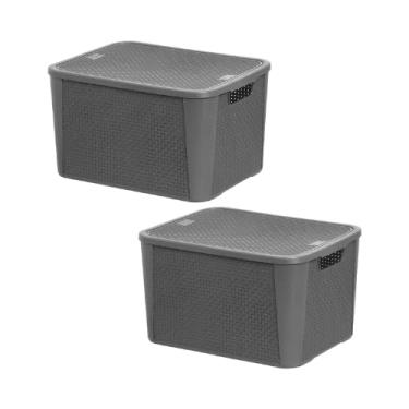 Imagem de Kit 2 Caixas Organizadoras Rattan Com Tampa 42 Litros Grande Multiuso (Cinza)