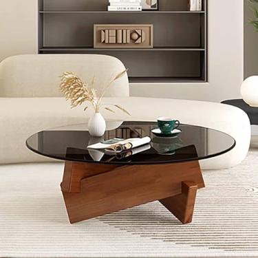 Imagem de Mesa de centro redonda de vidro espesso, mesa de coquetel, mesa de centro moderna de meados do século, mesa de canto abstrata com base de madeira, para sala de estar