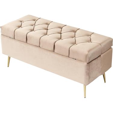 Imagem de Banco de armazenamento estofado de luxo, sofá-cama retangular, banco de armazenamento tufado moderno, banco de pés com pernas de metal para quarto, cáqui, 60 x 40 x 45 cm (24 x 16 x 18 poleg