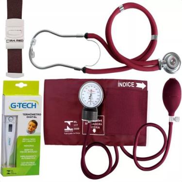 Imagem de Kit Saúde Esfigmomanômetro Vinho + Esteto Garrote Termômetro - Premium