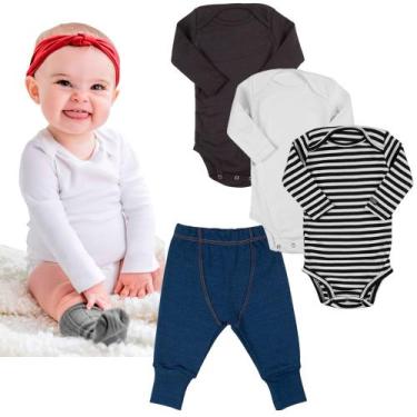 Imagem de Body infantil kit manga longa e calça jeans bebe minimalista comfy - H