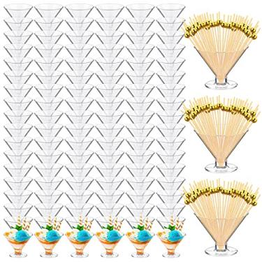 Imagem de Conjunto de copos de martini de plástico transparente e palitos de coquetel de pérolas douradas copos de coquetel copos de plástico para martini mini copos de sobremesa transparentes para festas de casamento, vinho, aperitivos, comida (250 peças, 140 g)