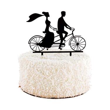 Imagem de Restaurantware Top Cake Bride And Groom Cake Topper 1 enfeite de bolo de casamento silhueta romântica - para aniversários ou festas de noivado casal em bicicleta tandem preto acrílico topo de bolo de