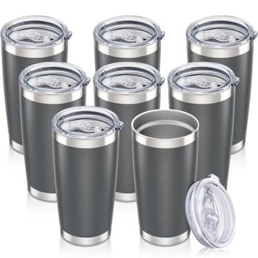 Imagem de Orebigo Copo de 590 ml com tampa Copos isolados de aço inoxidável copos a vácuo de parede dupla a vácuo com revestimento em pó caneca de viagem mantém a bebida fria e quente, cinza, pacote com 8