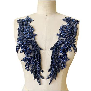 Imagem de Aplique de renda feito à mão com strass feito à mão, remendos de acabamento para acessórios de roupas de vestido 35 x 12 cm, um par/bolsa (azul-escuro)