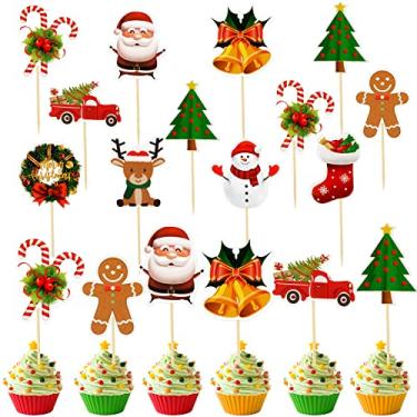 Imagem de 100 peças de enfeite de cupcake de Natal, decorações de bolo de Natal, palitos de cupcake para toppers boneco de neve, Papai Noel, rena, meias de festa, topos de bolo, escolha para suprimentos de