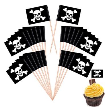 Imagem de LOMIMOS 100 peças de topo de guarda-chuva para bebida pirata, bastão de papel de coquetel de esqueleto com palito de dente de madeira para cupcake piscina tema pirata festa sorvete fruta