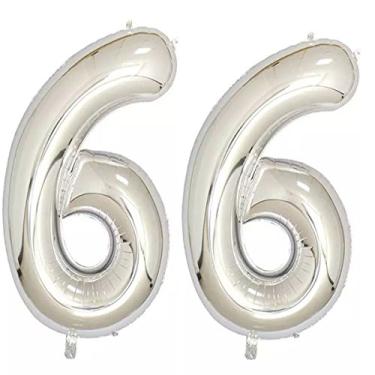Imagem de Folha de prata de 101,6 cm, 66 balões com números digitais jumbo de hélio, decoração de aniversário de 66 anos para mulheres ou homens, artigos de festa de aniversário de 66 anos