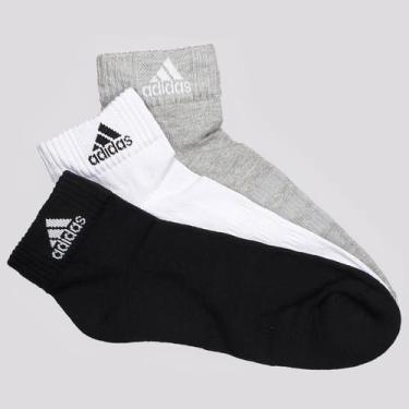 Imagem de Kit Meia Adidas Logo Cano Médio 3 Pares Branca Preta e Cinza, G