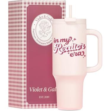 Imagem de Violet & Gale Presentes de corretor de imóveis para mulheres - Coleção retrô - Copo isolado de 1,134 g com alça, presente de agradecimento ao agente imobiliário no fechamento, caneca de café de viagem