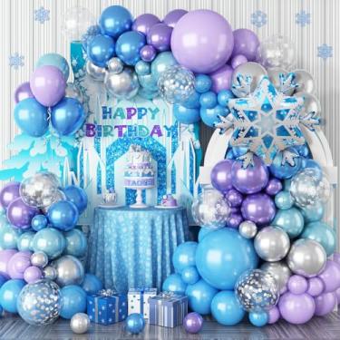 Imagem de Kit de guirlanda de arco de floco de neve, flocos de neve, decorações de festa de aniversário de floco de neve metálico, azul, roxo, prata, balão de látex, floco de neve, balões de folha de floco de