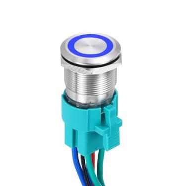 Imagem de DMiotech Interruptor de botão de trava de aço inoxidável de 7/8 polegadas, cabeça chata, 15A, 12-24 V, concha prateada de 6 pinos com soquete de cabo, anel azul LED 2NO para sistemas de barcos de
