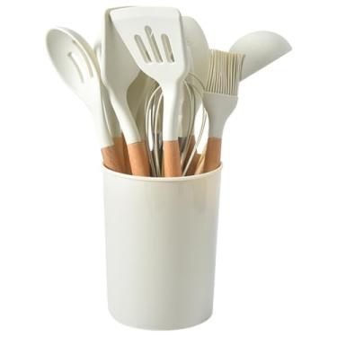 Imagem de HJZSZX Conjunto de utensílios de cozinha de 12 peças, espátula de silicone, alça, resistente ao calor, espátula, colher, escova, batedor para cozinha, branco, 12 peças