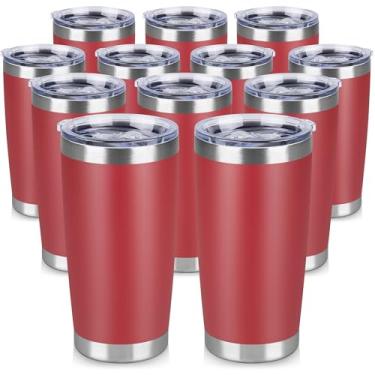 Imagem de VQRRCKI Copo de aço inoxidável de 590 ml a granel com tampa Copos de café com isolamento de parede dupla para bebidas quentes e frias, caneca de café de viagem revestida com pó fosco (vermelho, pacote