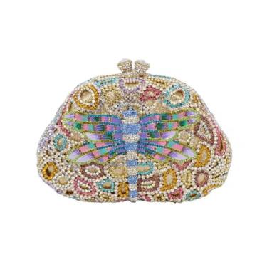 Imagem de PSBIY Bolsa feminina fofa de libélula para noite, bolsa de mão de cristal brilhante com strass para banquete, festa de casamento, formatura, Prata multicolorida