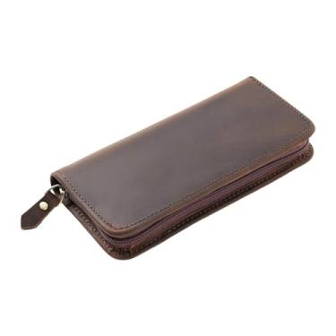 Imagem de Ioensy Bolsa de papelaria portátil, bolsa de lápis de cavalo louco, couro, zíper, bolsa de caneta para cupons, viagem, família, adolescentes, Marrom Escuro