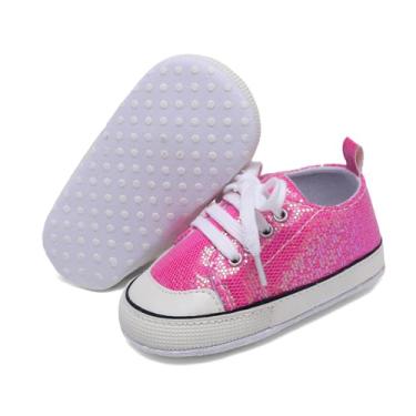 Imagem de Tênis unissex para bebês meninas meninos infantil sola macia lona recém-nascido primeiros andadores cano alto antiderrapante, A12/lantejoulas, rosa vermelha, 0-6 Meses